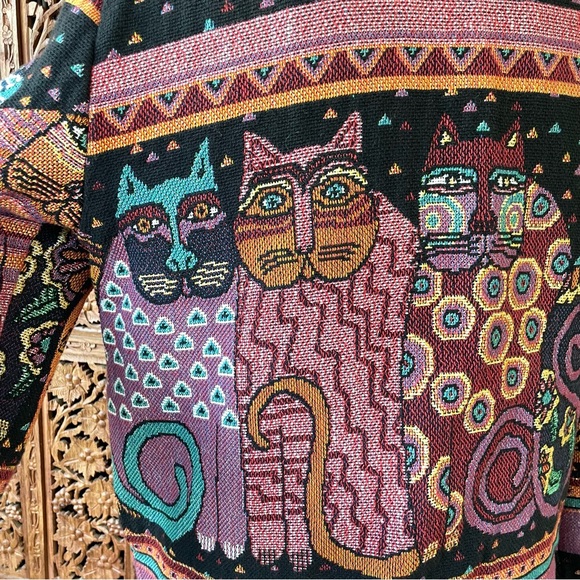 Original Vintage Laurel Burch Silverado Boho Cat Tapestry Blanket Knit Jacket - Picture 7 of 12